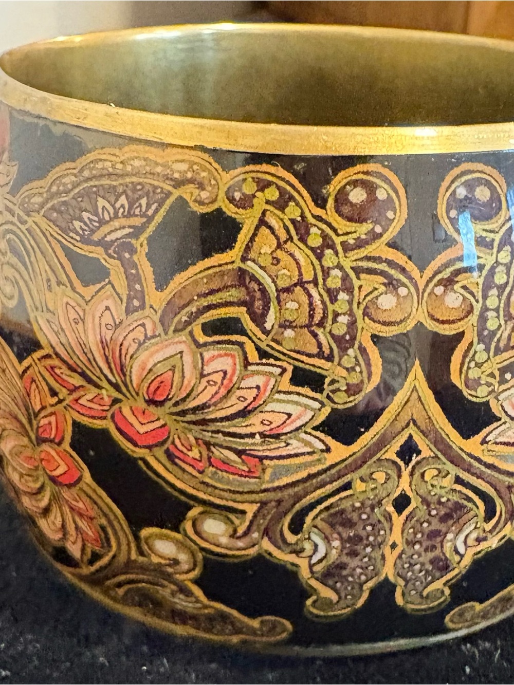 Ornate Floral Black and Gold Wide Bangle